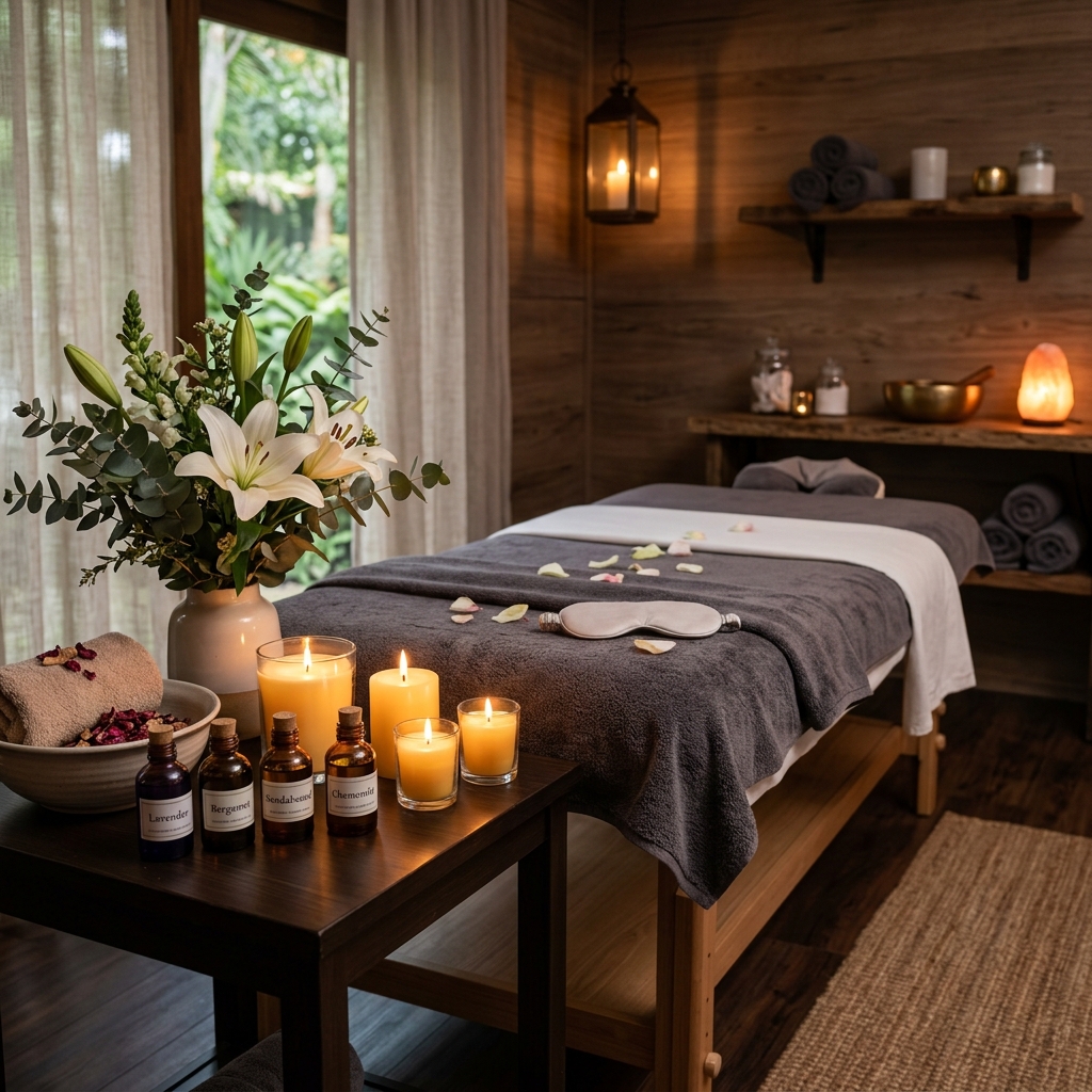 Aroma oils and candles setup at Ahana Spa in Ibrahim Bagh, Hyderabad