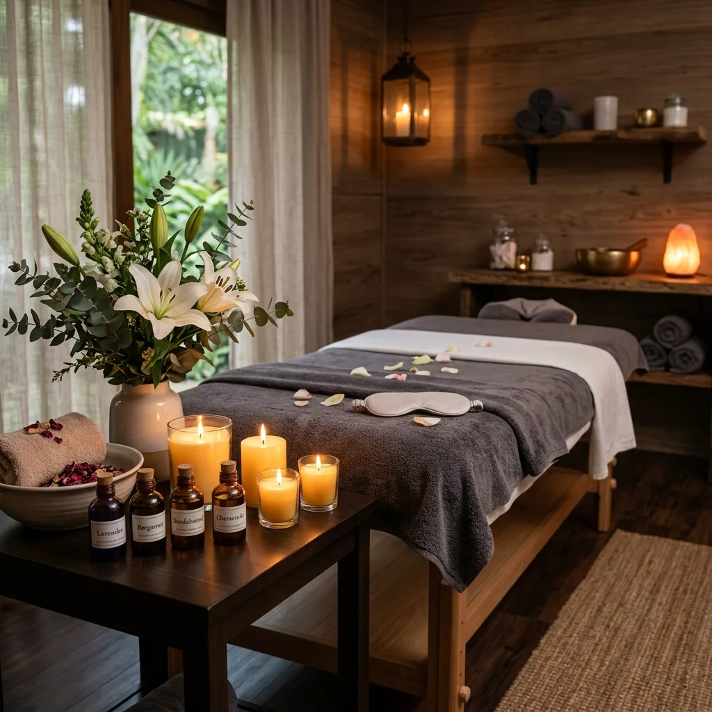 Aroma oils and candles setup at Ahana Spa in Neknampur, Hyderabad