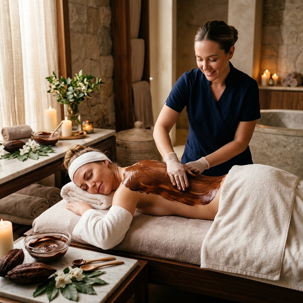 A massage therapist performing a chocolate massage on a client at Ahana Spa in Ibrahim Bagh, Hyderabad