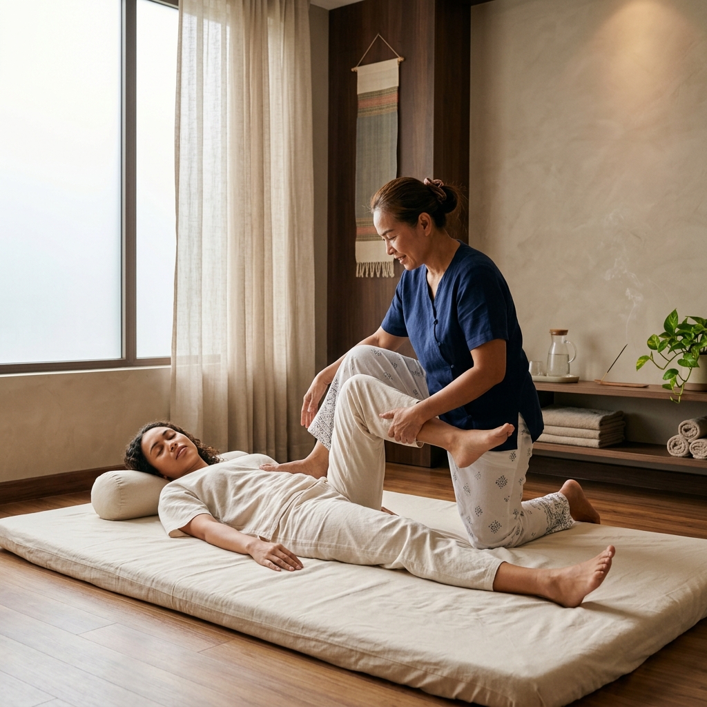 A massage therapist performing a Thai massage on a client at Ahana Spa in Ibrahim Bagh, Hyderabad